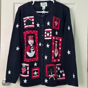 Quacker Factory Patriotic Snowman Squares Sweater Sz L EUC